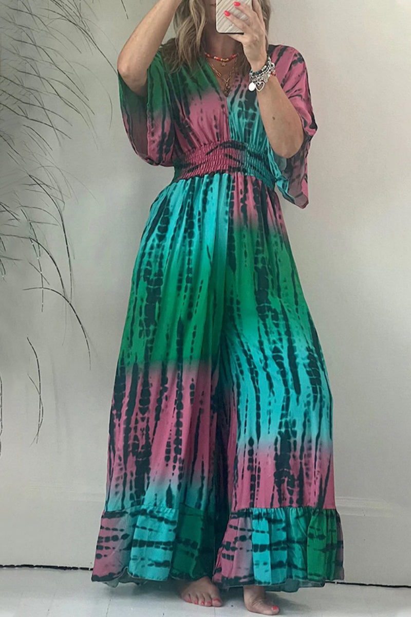 Casual Print Pocket V Neck Loose Jumpsuits - Fashionpara