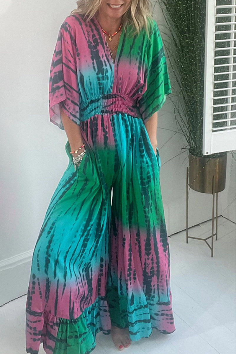 Casual Print Pocket V Neck Loose Jumpsuits - Fashionpara