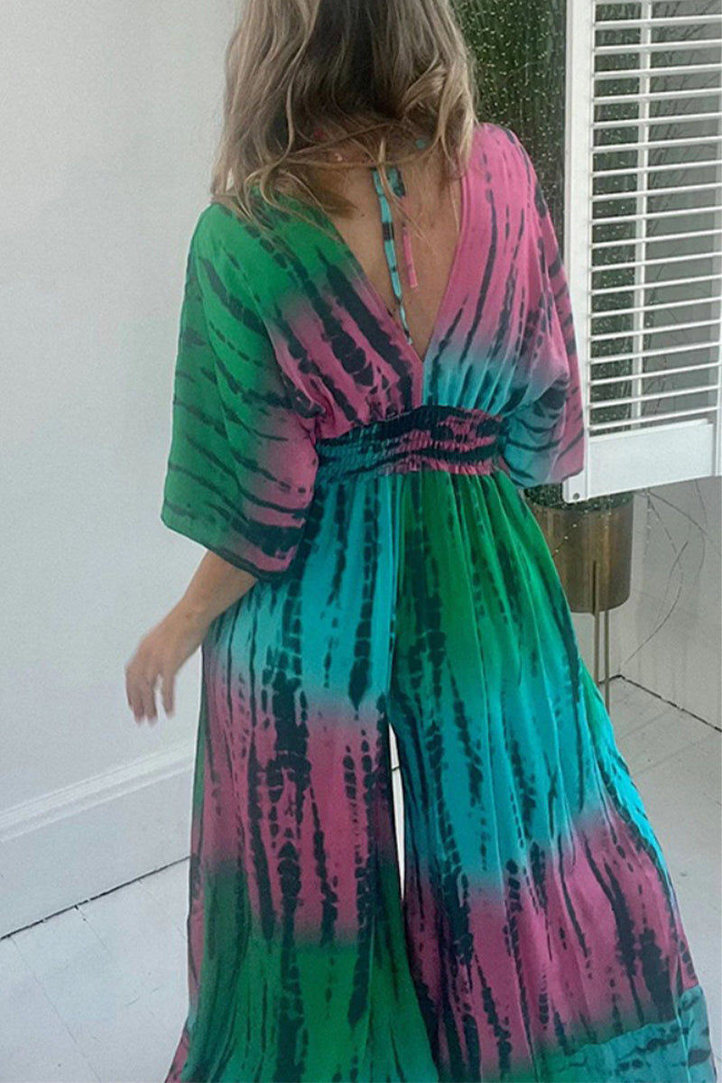 Casual Print Pocket V Neck Loose Jumpsuits - Fashionpara