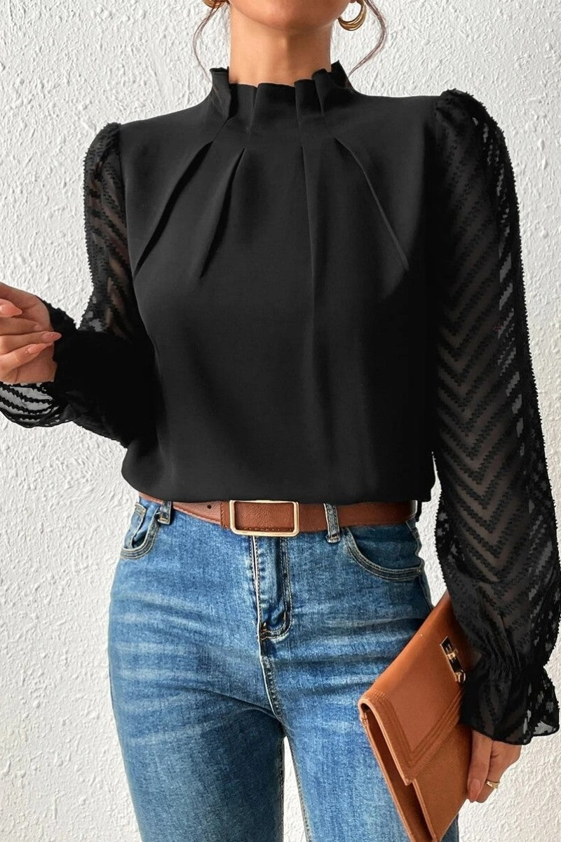 Casual Solid Patchwork Flounce Half A Turtleneck Tops - Fashionpara