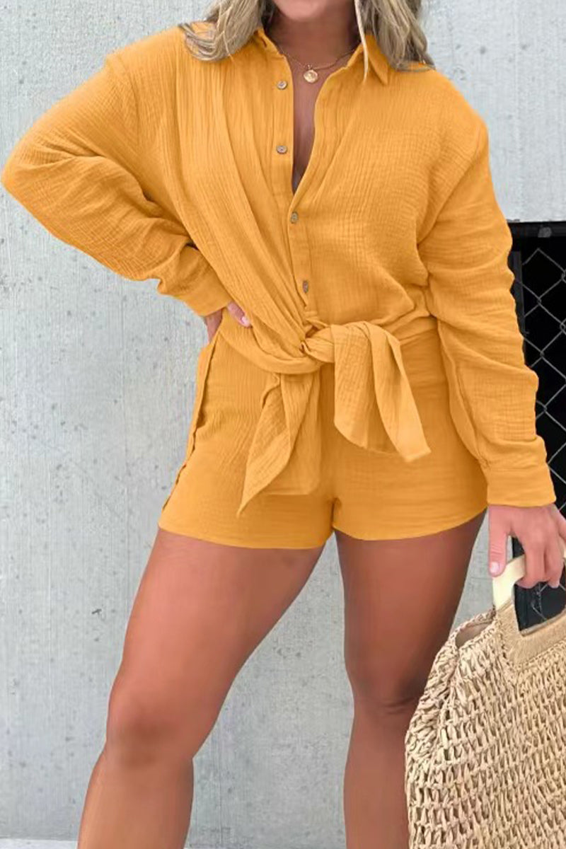 Casual Solid Patchwork Turndown Collar Long Sleeve Two Pieces - Fashionpara