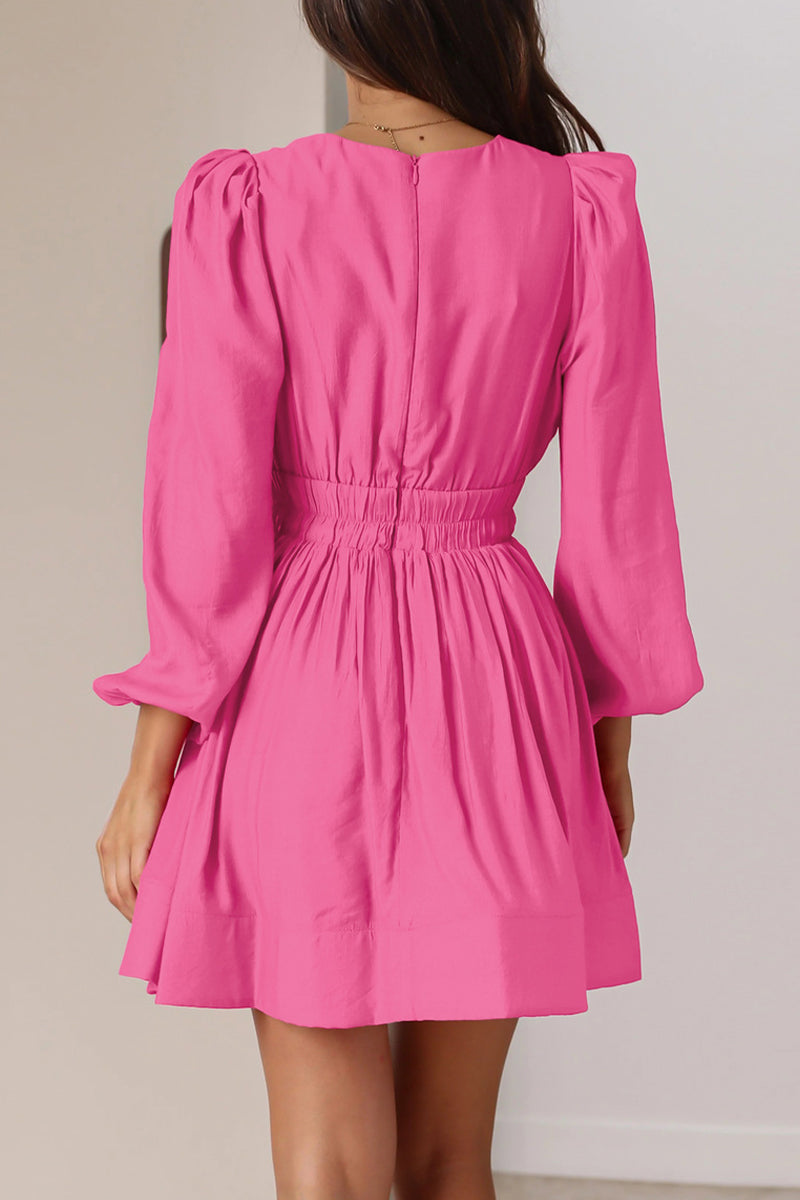 Casual Solid Fold V Neck Pleated Dresses - Fashionpara