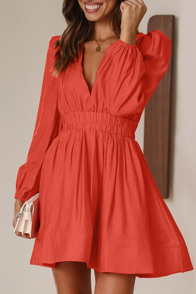 Casual Solid Fold V Neck Pleated Dresses - Fashionpara