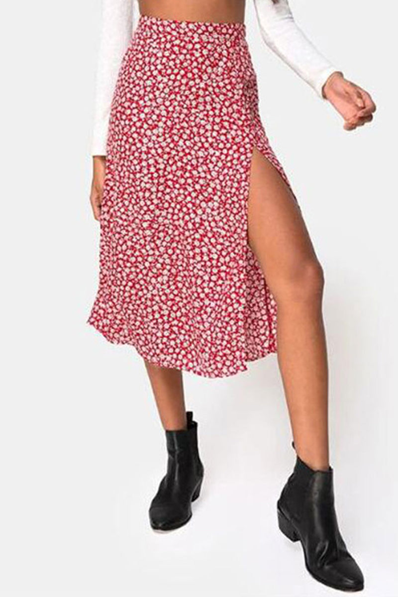 Elegant Print Slit Regular High Waist Type A Full Print Bottoms - Fashionpara