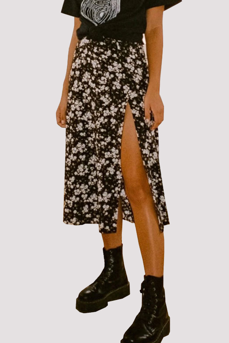 Elegant Print Slit Regular High Waist Type A Full Print Bottoms - Fashionpara