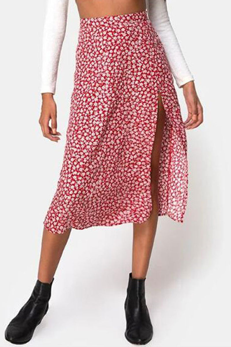 Elegant Print Slit Regular High Waist Type A Full Print Bottoms - Fashionpara