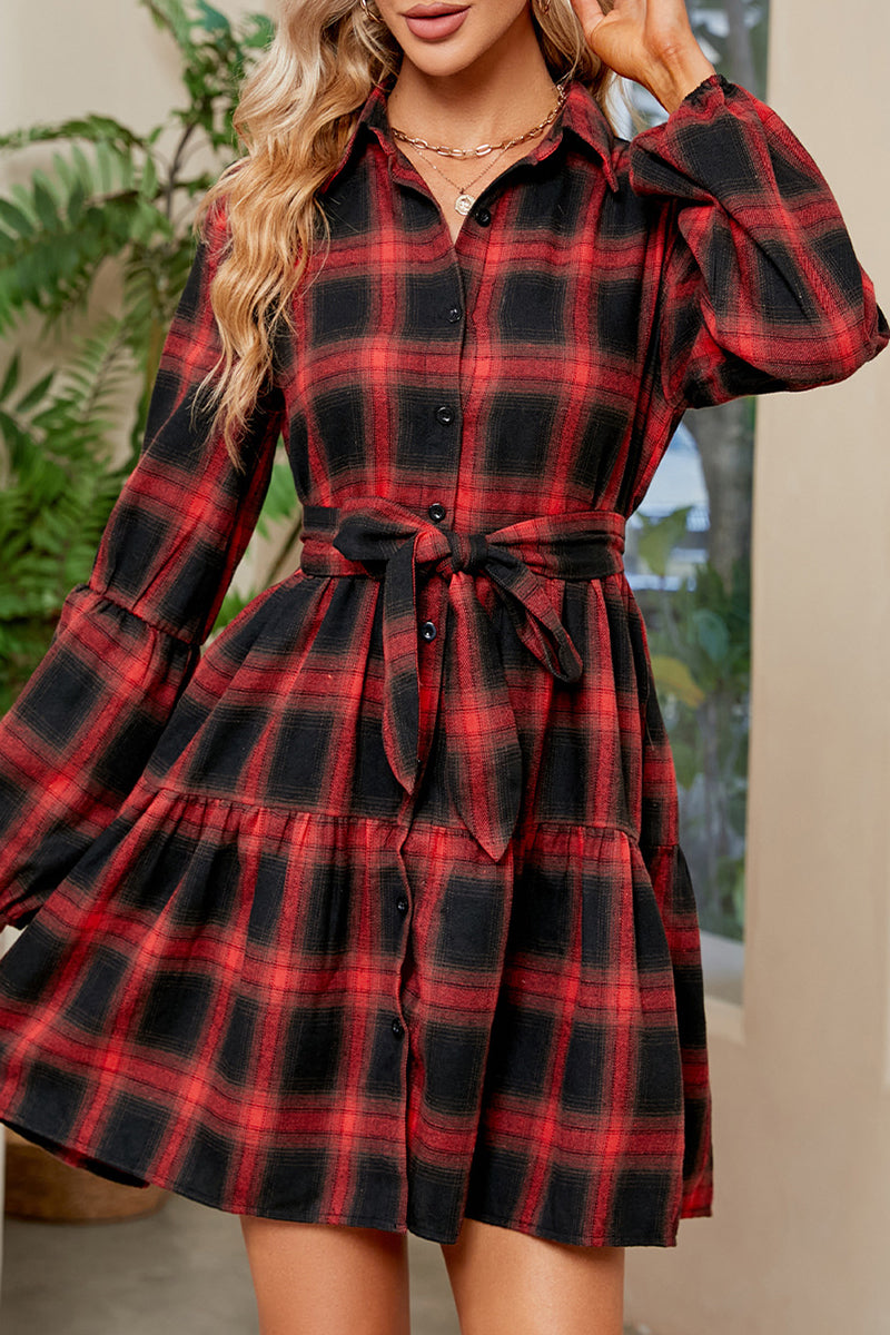 Casual Plaid Contrast Turndown Collar A Line Dresses - Fashionpara
