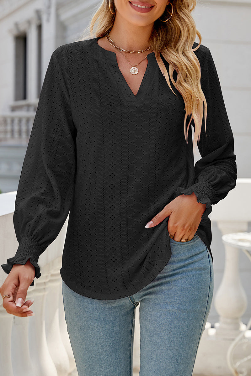 Casual Solid Hollowed Out Stringy Selvedge V Neck Tops - Fashionpara