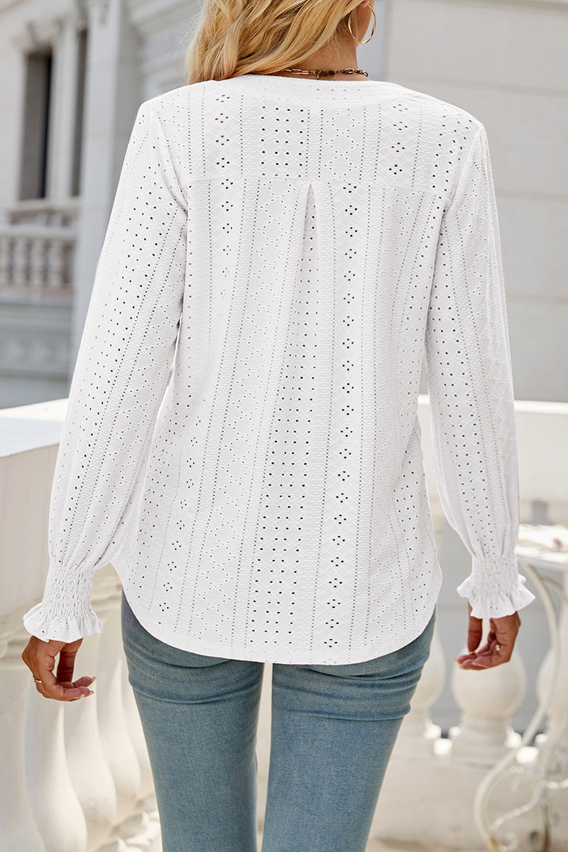 Casual Solid Hollowed Out Stringy Selvedge V Neck Tops - Fashionpara