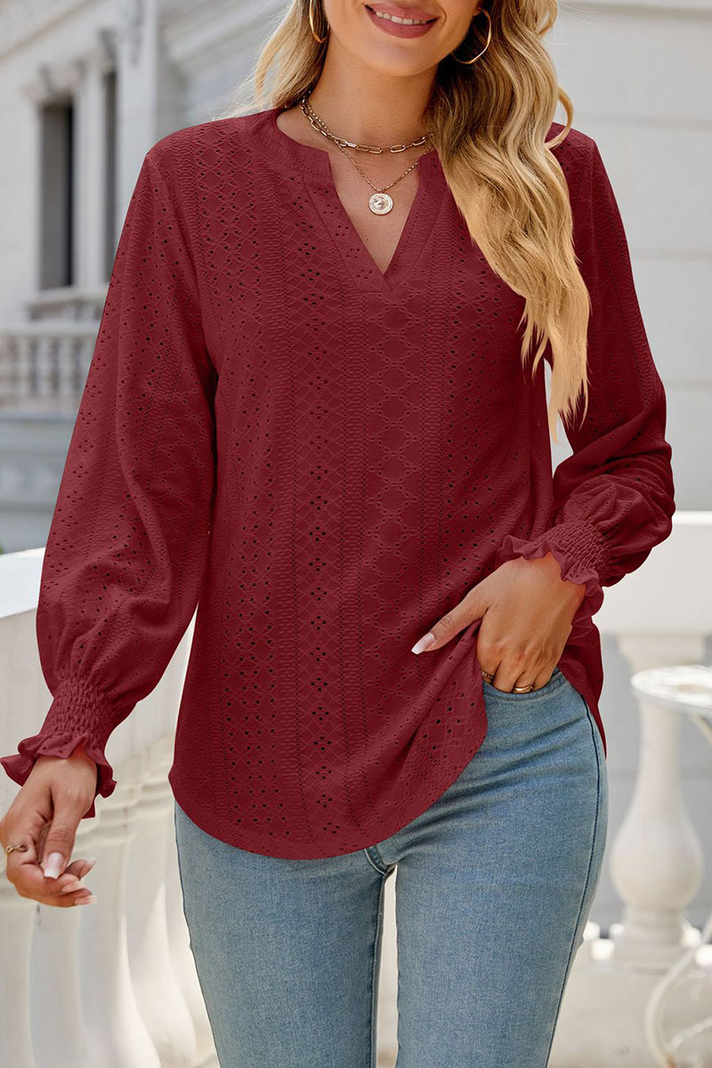 Casual Solid Hollowed Out Stringy Selvedge V Neck Tops - Fashionpara
