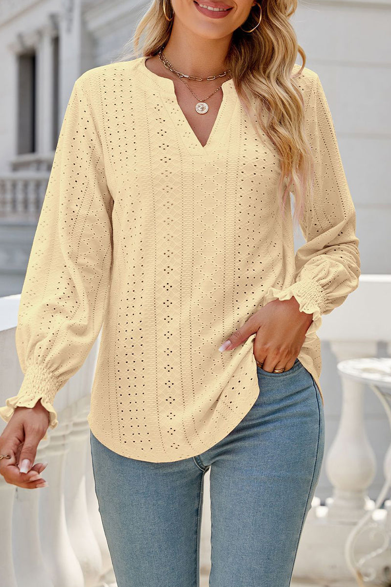 Casual Solid Hollowed Out Stringy Selvedge V Neck Tops - Fashionpara