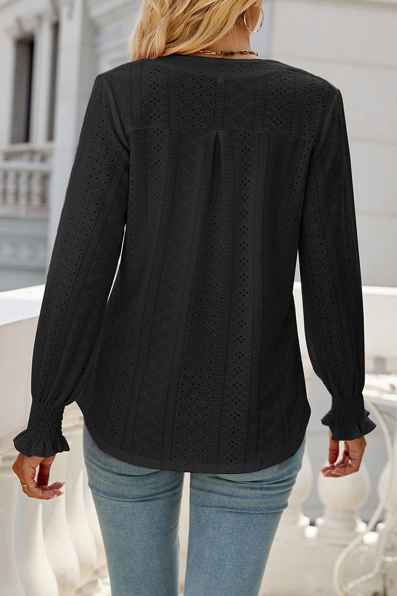 Casual Solid Hollowed Out Stringy Selvedge V Neck Tops - Fashionpara