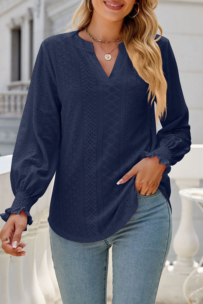 Casual Solid Hollowed Out Stringy Selvedge V Neck Tops - Fashionpara