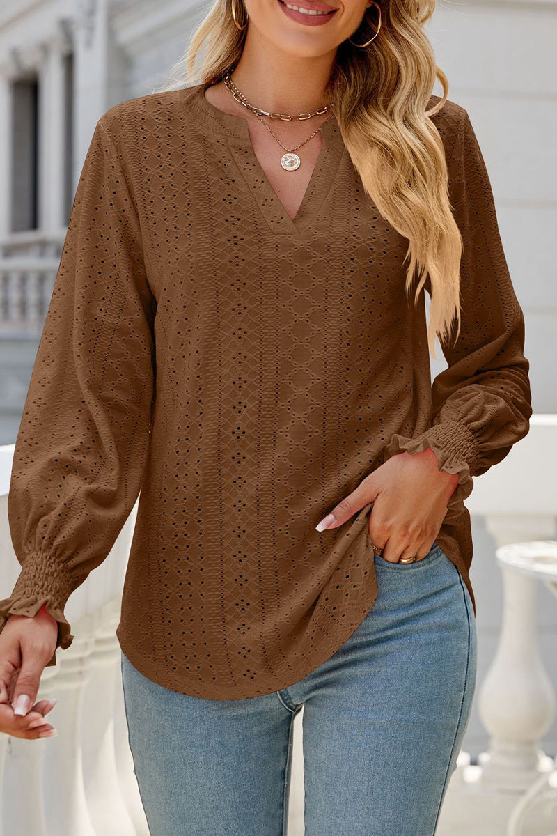 Casual Solid Hollowed Out Stringy Selvedge V Neck Tops - Fashionpara