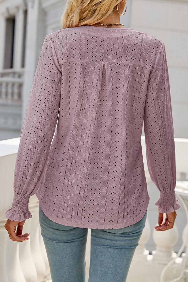 Casual Solid Hollowed Out Stringy Selvedge V Neck Tops - Fashionpara