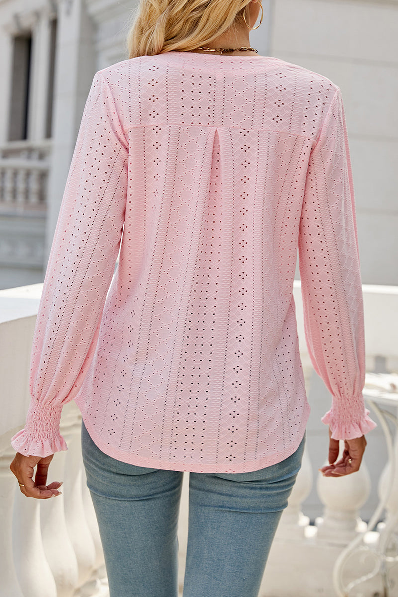 Casual Solid Hollowed Out Stringy Selvedge V Neck Tops - Fashionpara