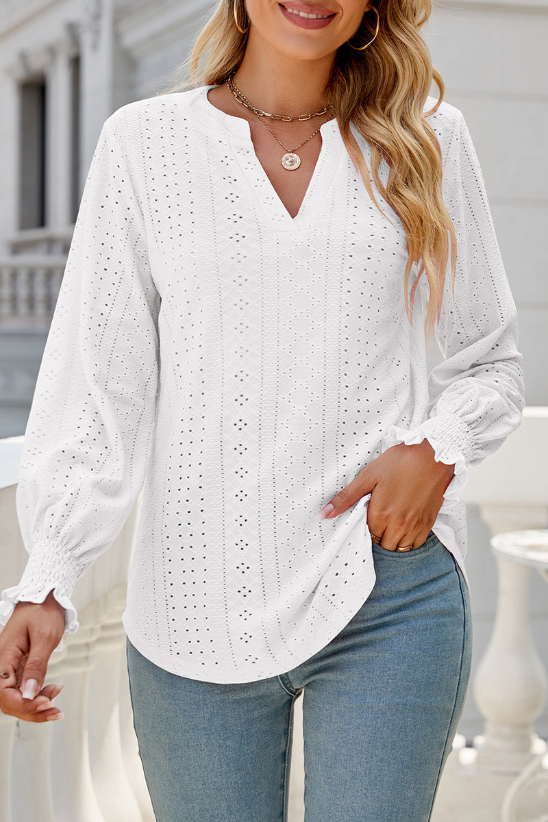 Casual Solid Hollowed Out Stringy Selvedge V Neck Tops - Fashionpara