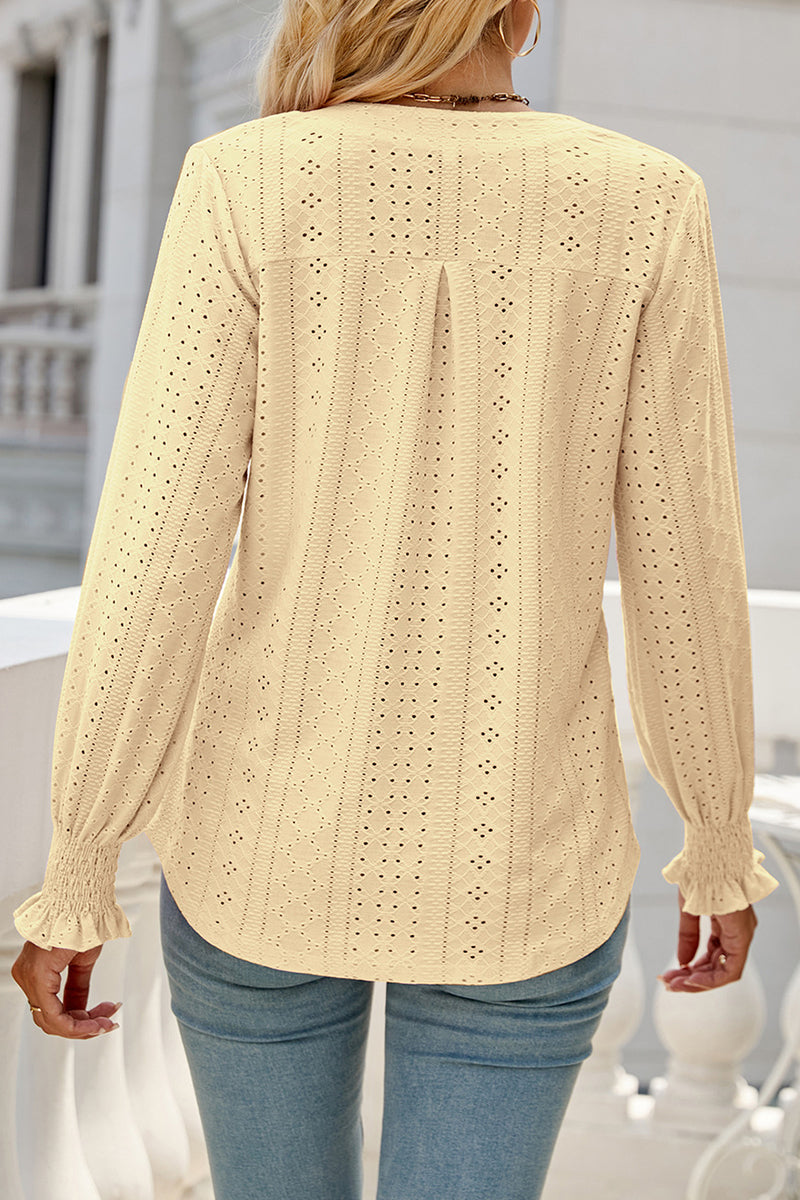 Casual Solid Hollowed Out Stringy Selvedge V Neck Tops - Fashionpara