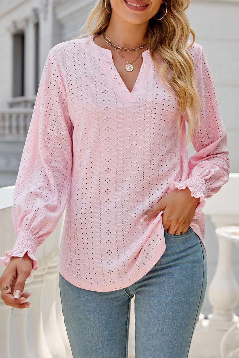 Casual Solid Hollowed Out Stringy Selvedge V Neck Tops - Fashionpara