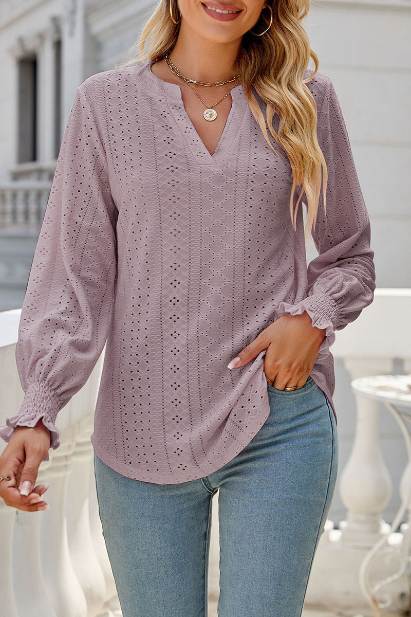 Casual Solid Hollowed Out Stringy Selvedge V Neck Tops - Fashionpara