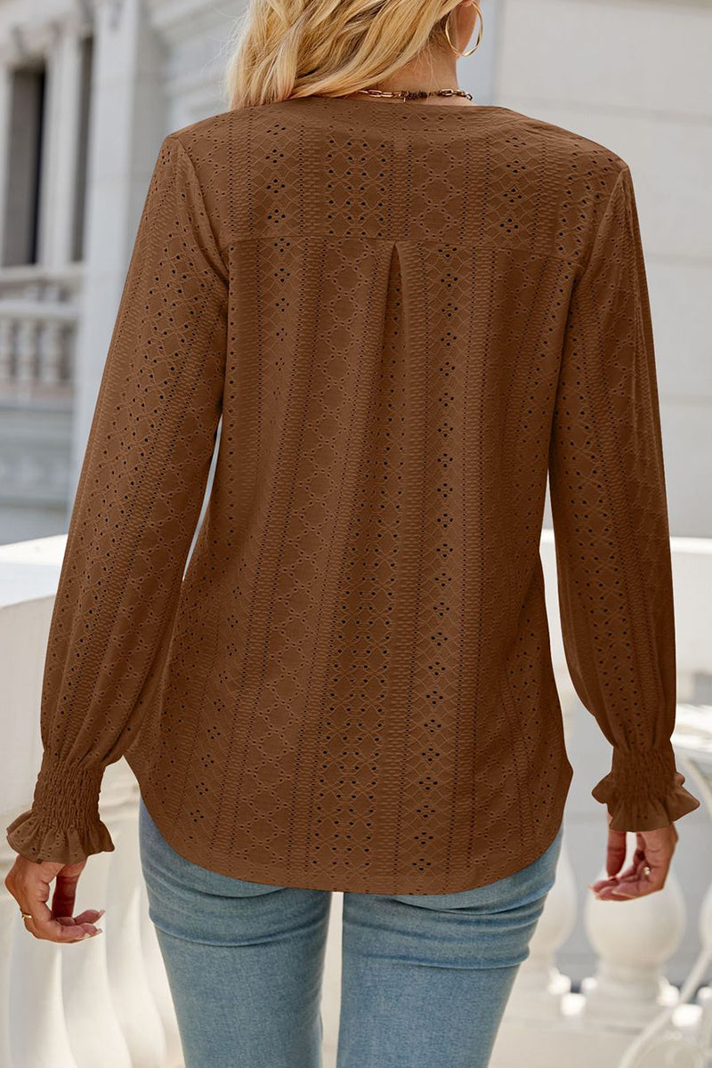 Casual Solid Hollowed Out Stringy Selvedge V Neck Tops - Fashionpara