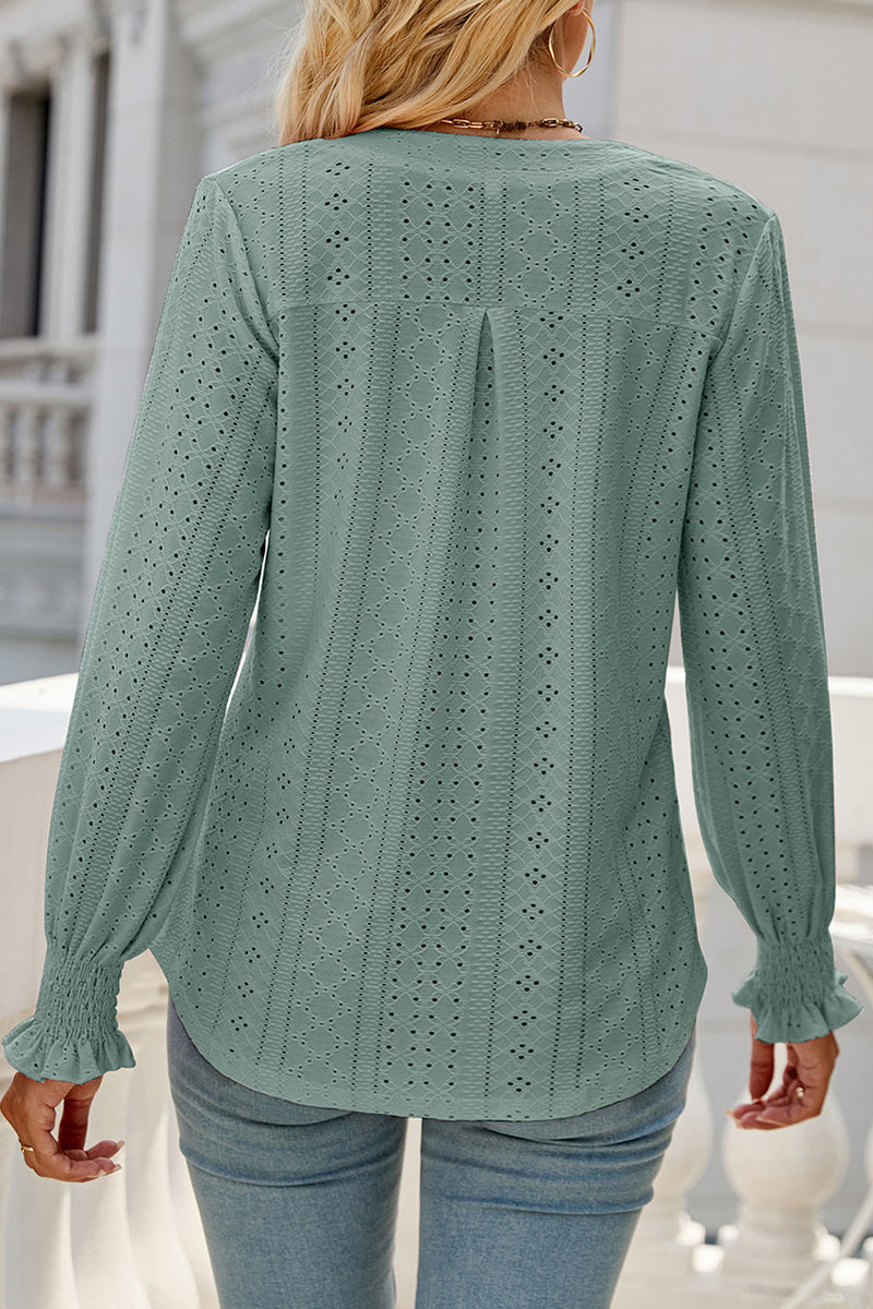 Casual Solid Hollowed Out Stringy Selvedge V Neck Tops - Fashionpara