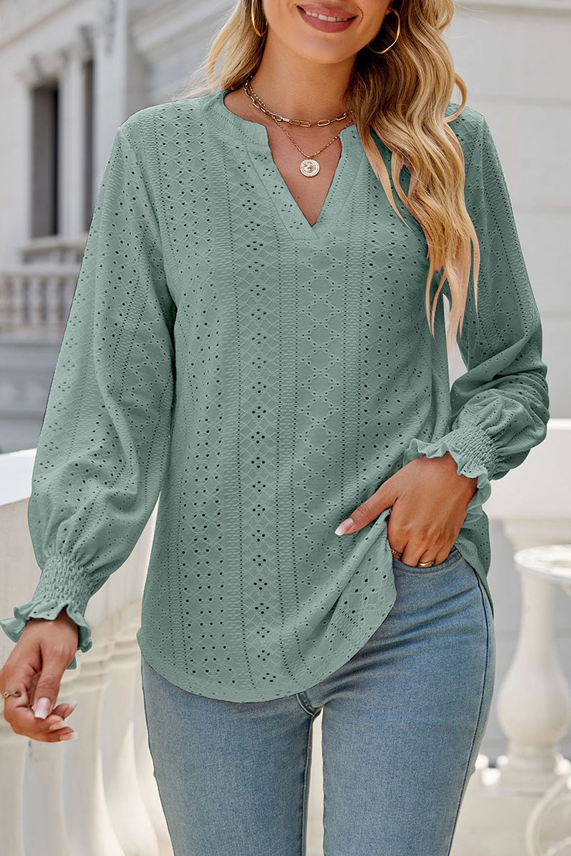 Casual Solid Hollowed Out Stringy Selvedge V Neck Tops - Fashionpara