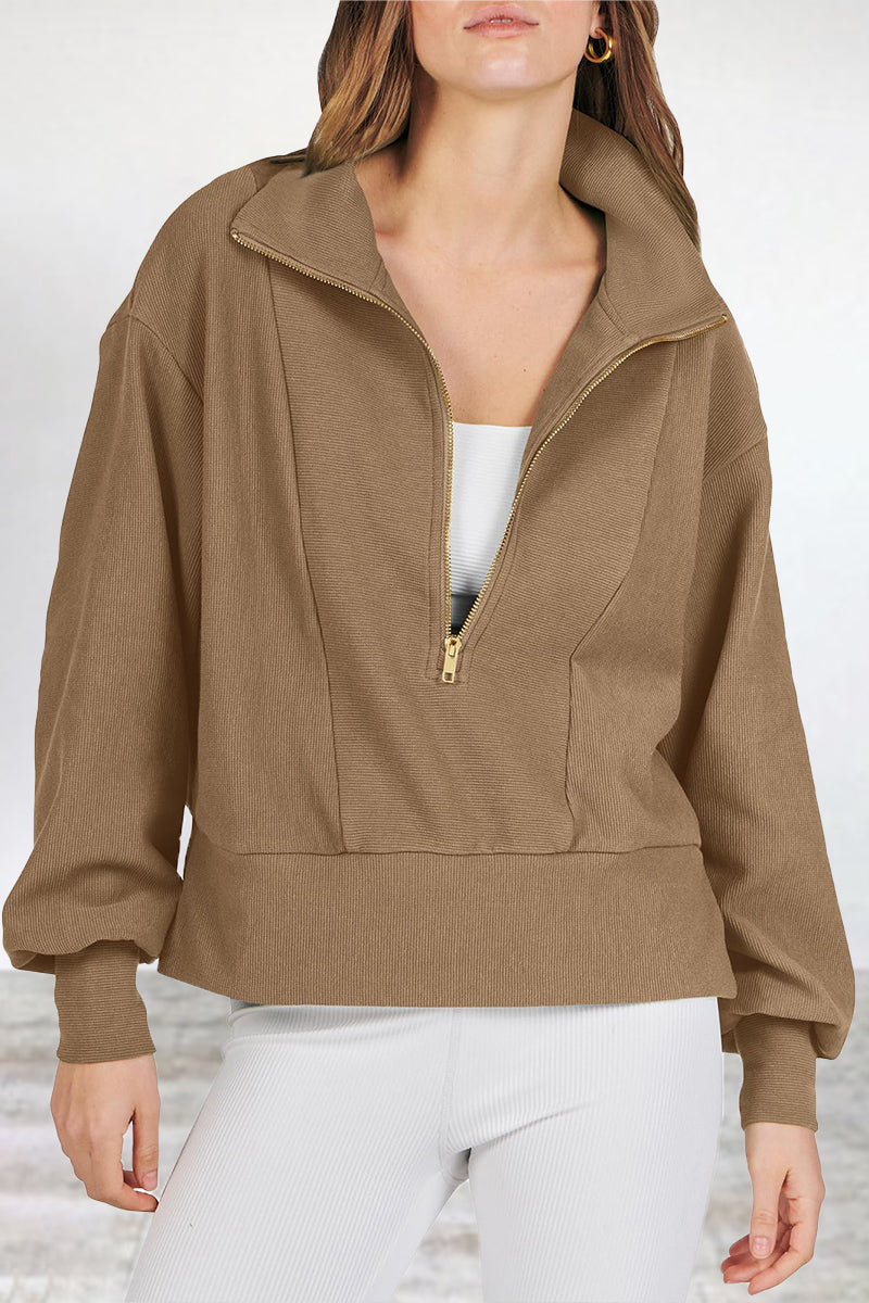 Casual Solid Zipper Turndown Collar Tops - Fashionpara