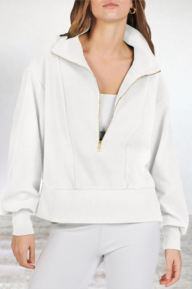 Casual Solid Zipper Turndown Collar Tops - Fashionpara