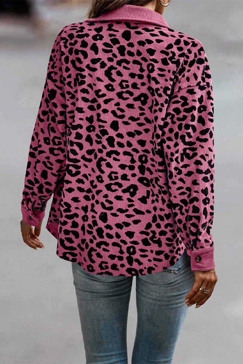 Casual Sweet Leopard Pocket Turndown Collar Tops - Fashionpara