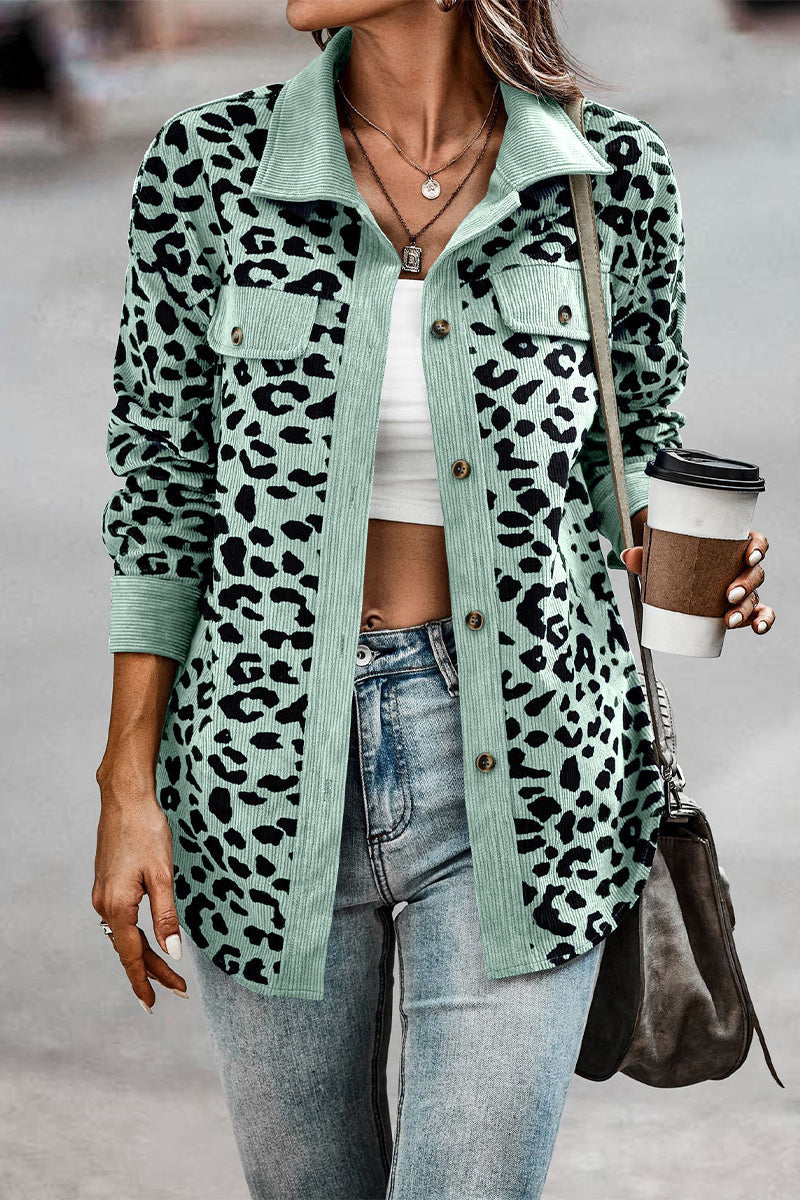 Casual Sweet Leopard Pocket Turndown Collar Tops - Fashionpara