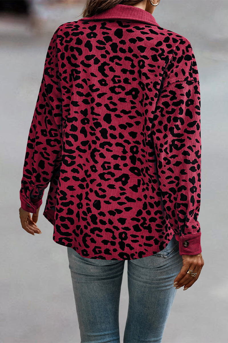Casual Sweet Leopard Pocket Turndown Collar Tops - Fashionpara