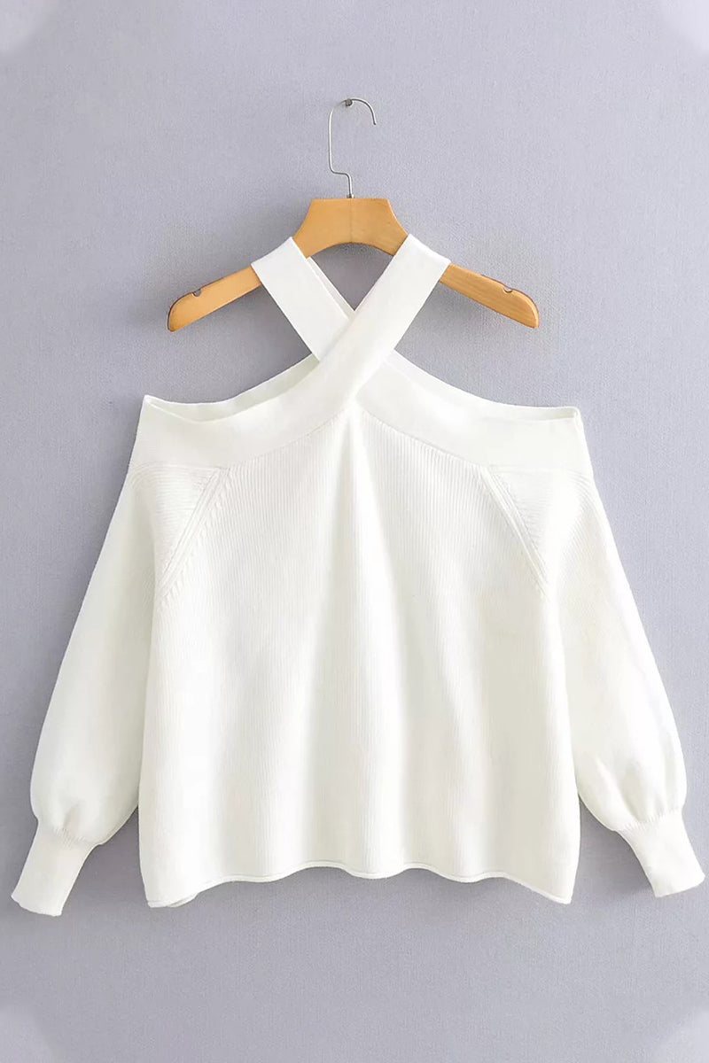 Sexy Solid Neck Hanger Off Shoulder Halter Sweaters - Fashionpara