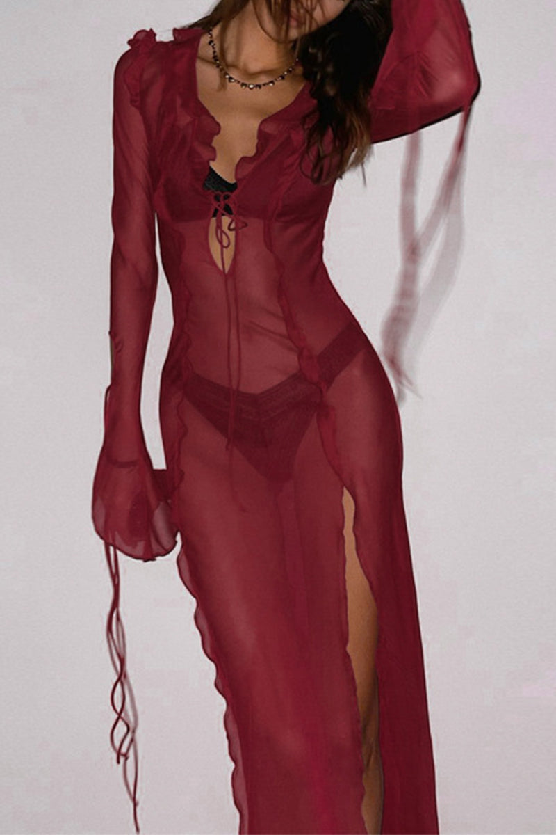Sexy Solid Frenulum See-through V Neck A Line Dresses - Fashionpara