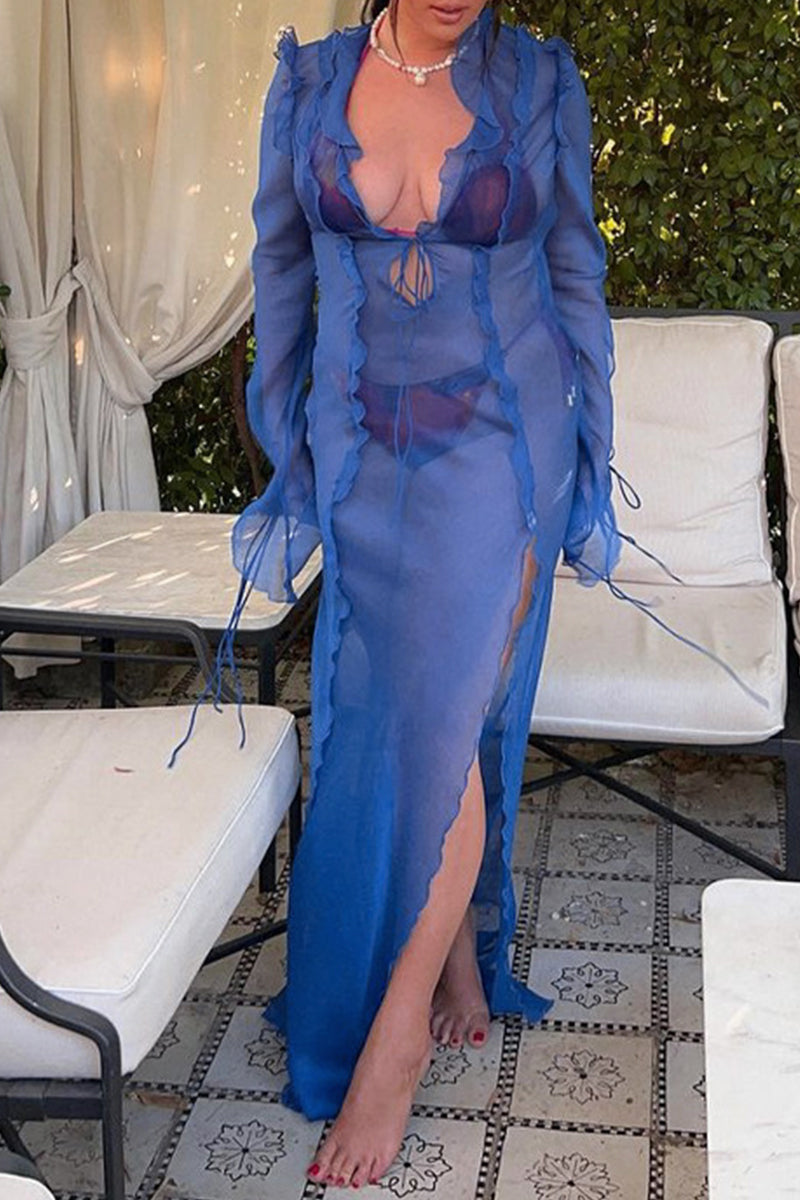 Sexy Solid Frenulum See-through V Neck A Line Dresses - Fashionpara