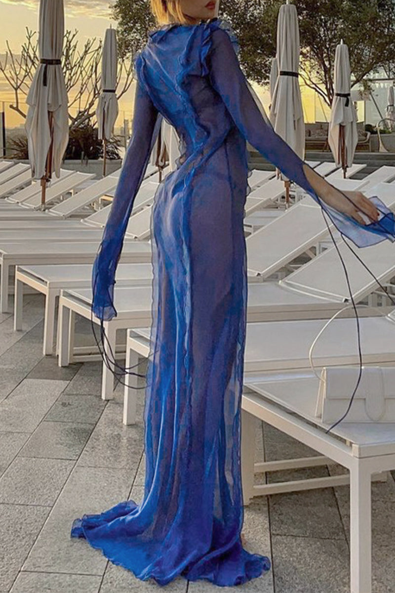 Sexy Solid Frenulum See-through V Neck A Line Dresses - Fashionpara