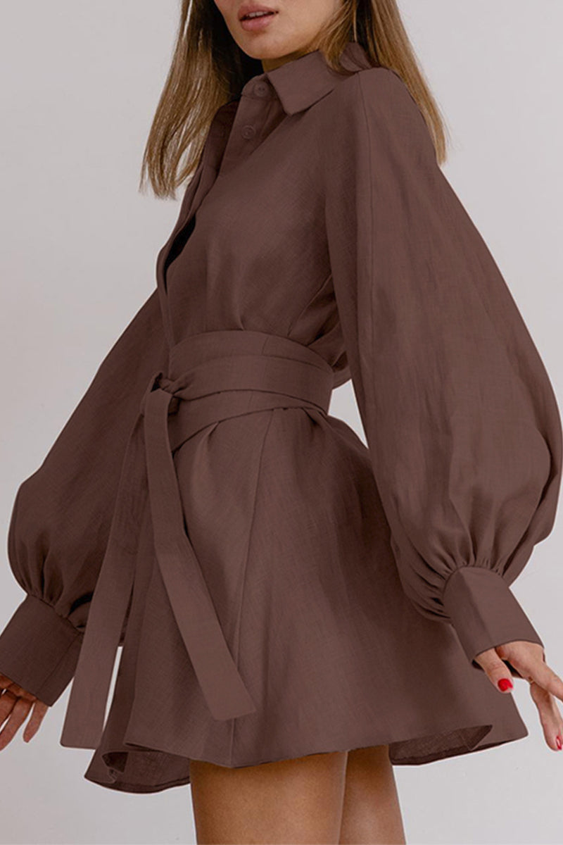 Work Elegant Solid Bandage Turndown Collar Waist Skirt Dresses - Fashionpara