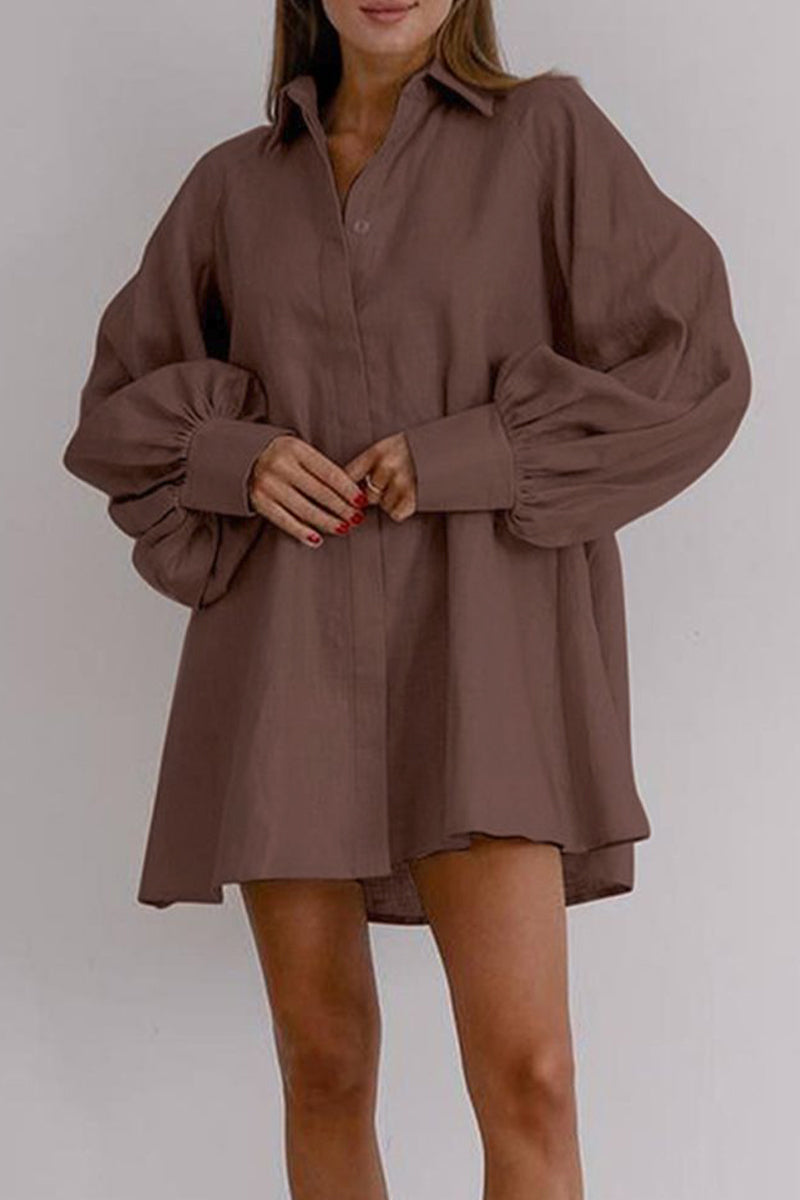 Work Elegant Solid Bandage Turndown Collar Waist Skirt Dresses - Fashionpara