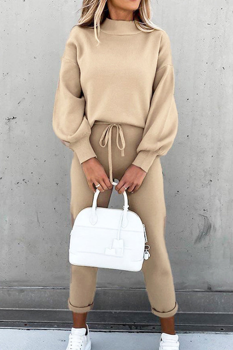 Casual Simplicity Solid Patchwork Half A Turtleneck Long Sleeve Two Pieces(10 Colors) - Fashionpara