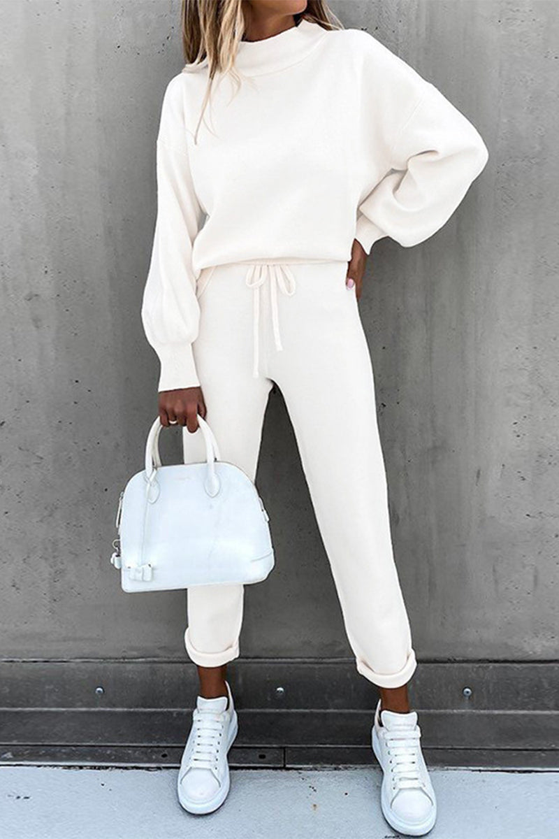 Casual Simplicity Solid Patchwork Half A Turtleneck Long Sleeve Two Pieces(10 Colors) - Fashionpara