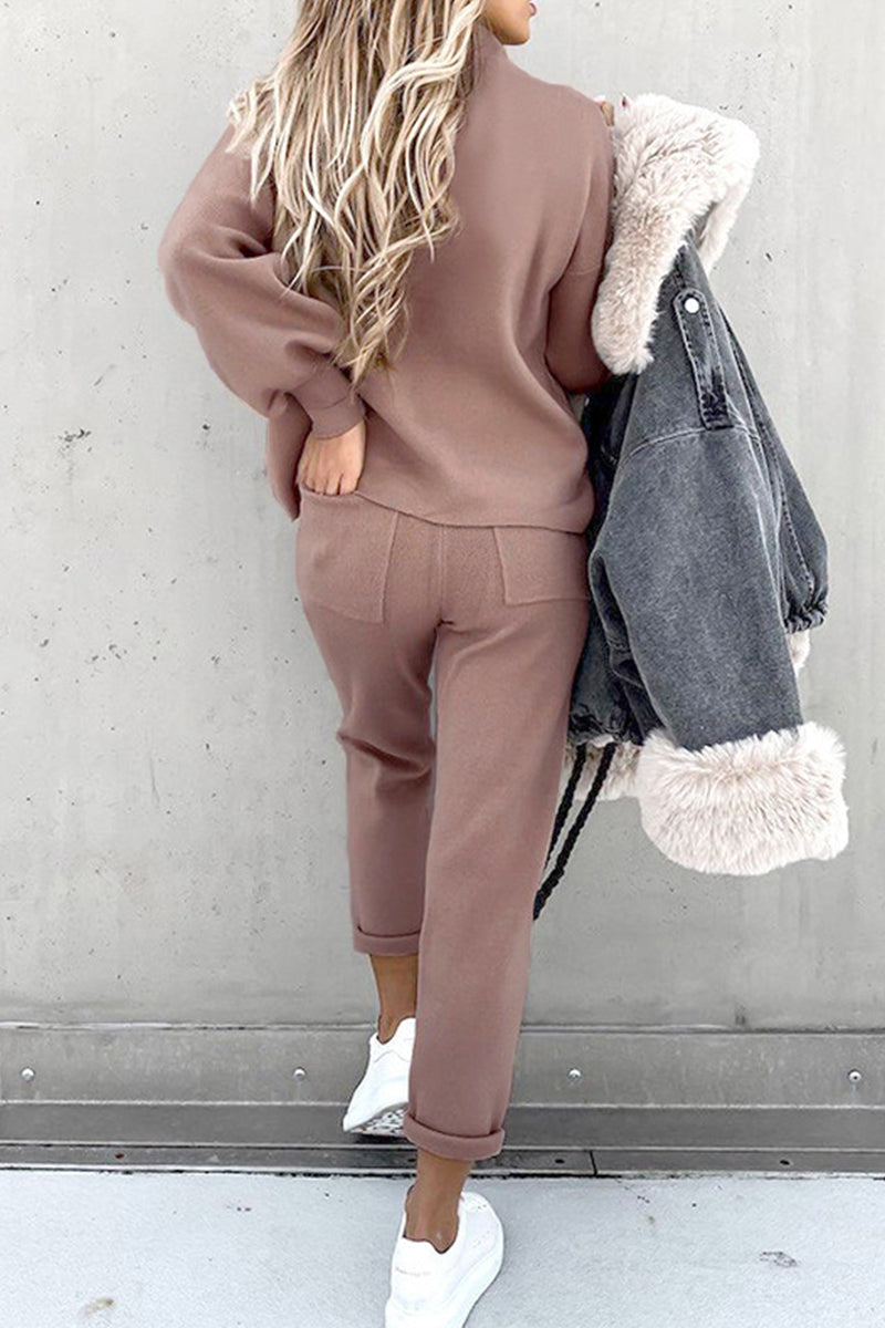 Casual Simplicity Solid Patchwork Half A Turtleneck Long Sleeve Two Pieces(10 Colors) - Fashionpara