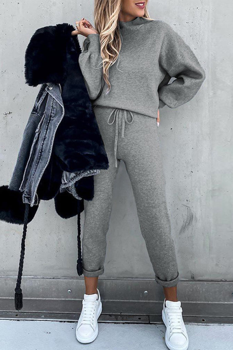 Casual Simplicity Solid Patchwork Half A Turtleneck Long Sleeve Two Pieces(10 Colors) - Fashionpara