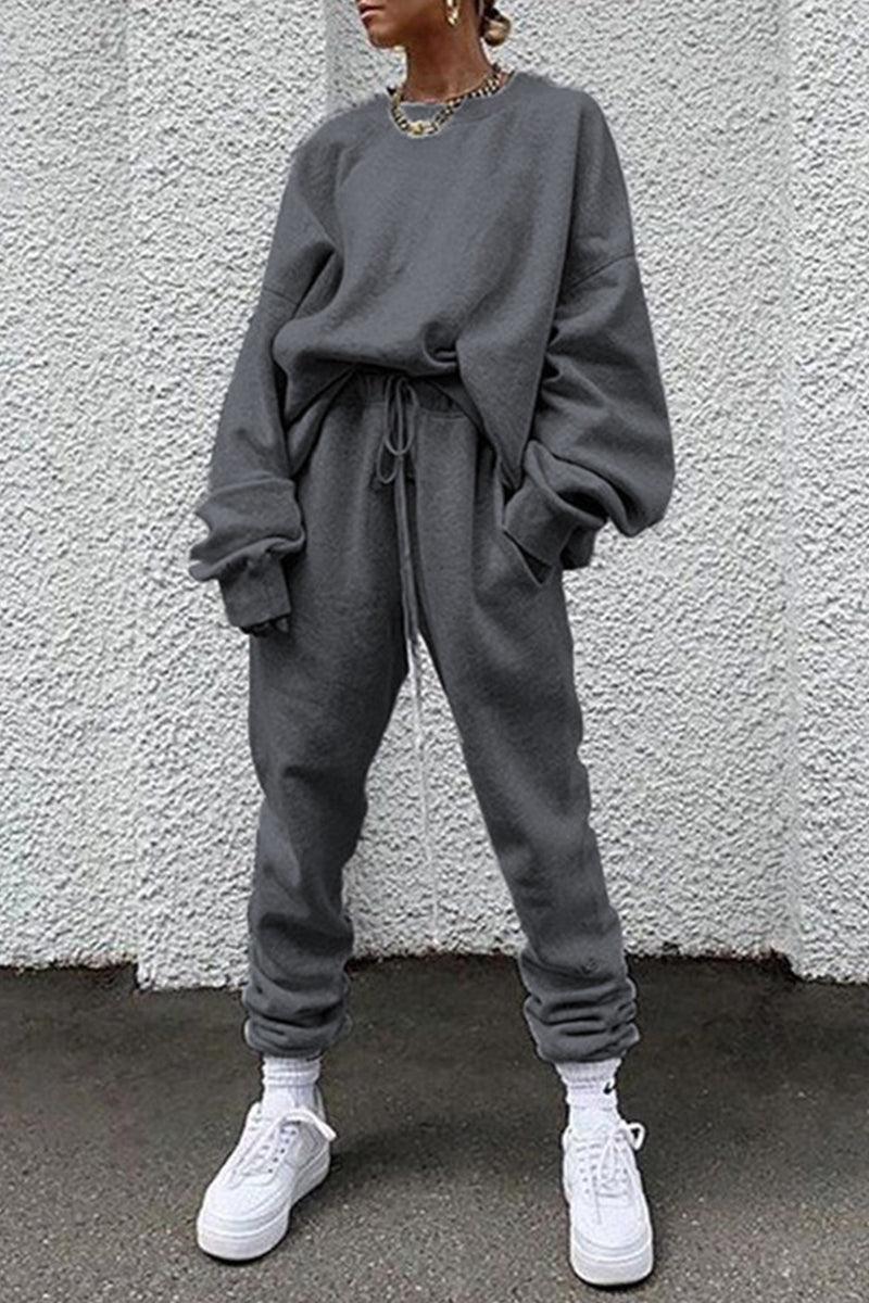 Casual Solid Pocket O Neck Long Sleeve Two Pieces - Fashionpara