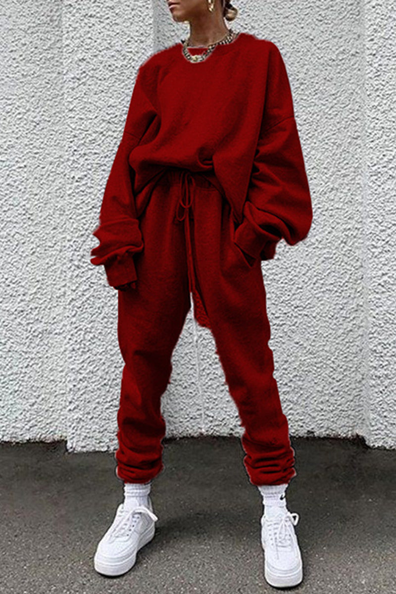 Casual Solid Pocket O Neck Long Sleeve Two Pieces - Fashionpara