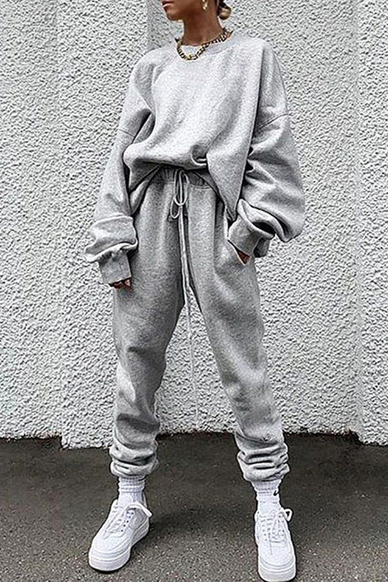 Casual Solid Pocket O Neck Long Sleeve Two Pieces - Fashionpara