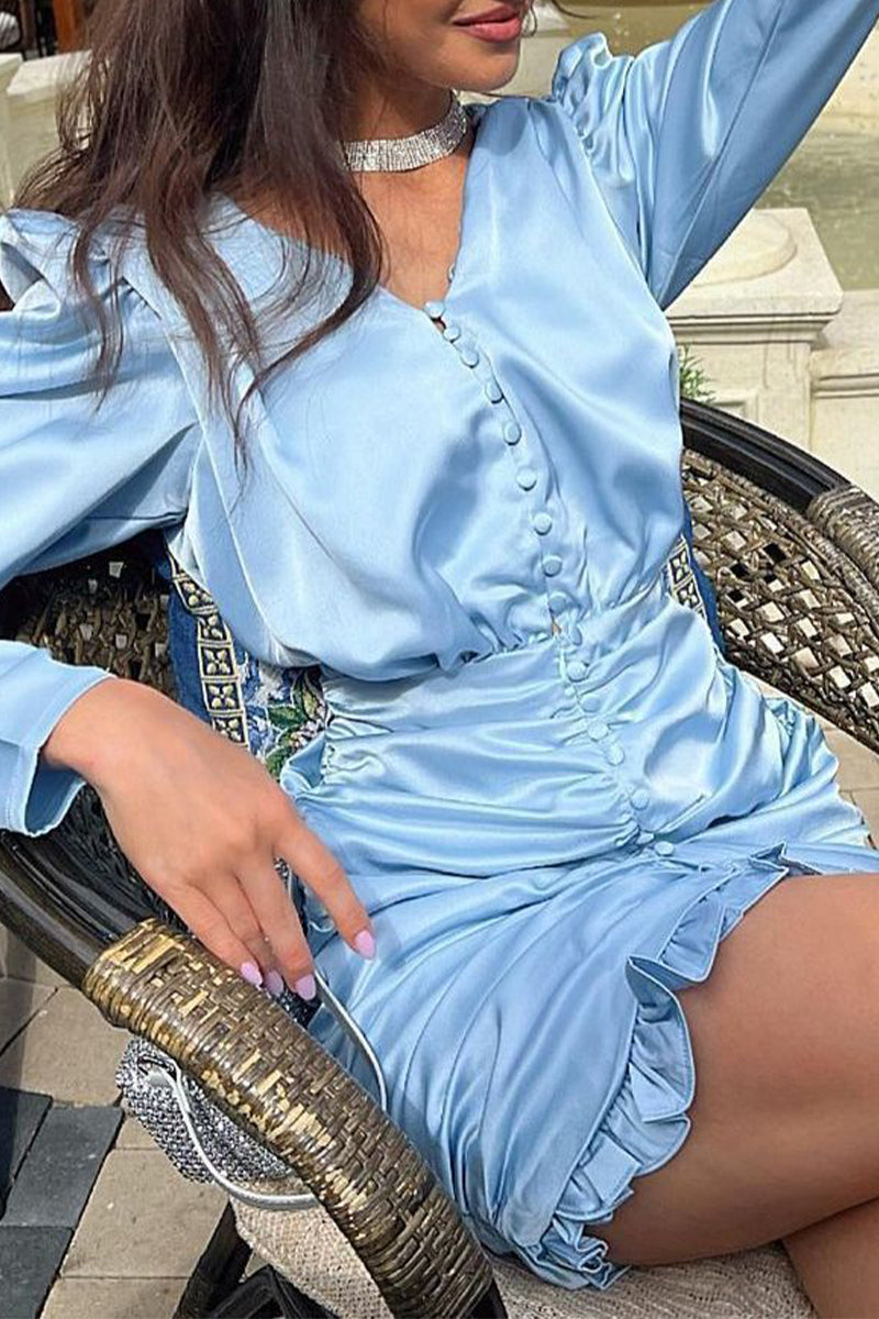 Elegant Solid Fold V Neck Wrapped Skirt Dresses - Fashionpara