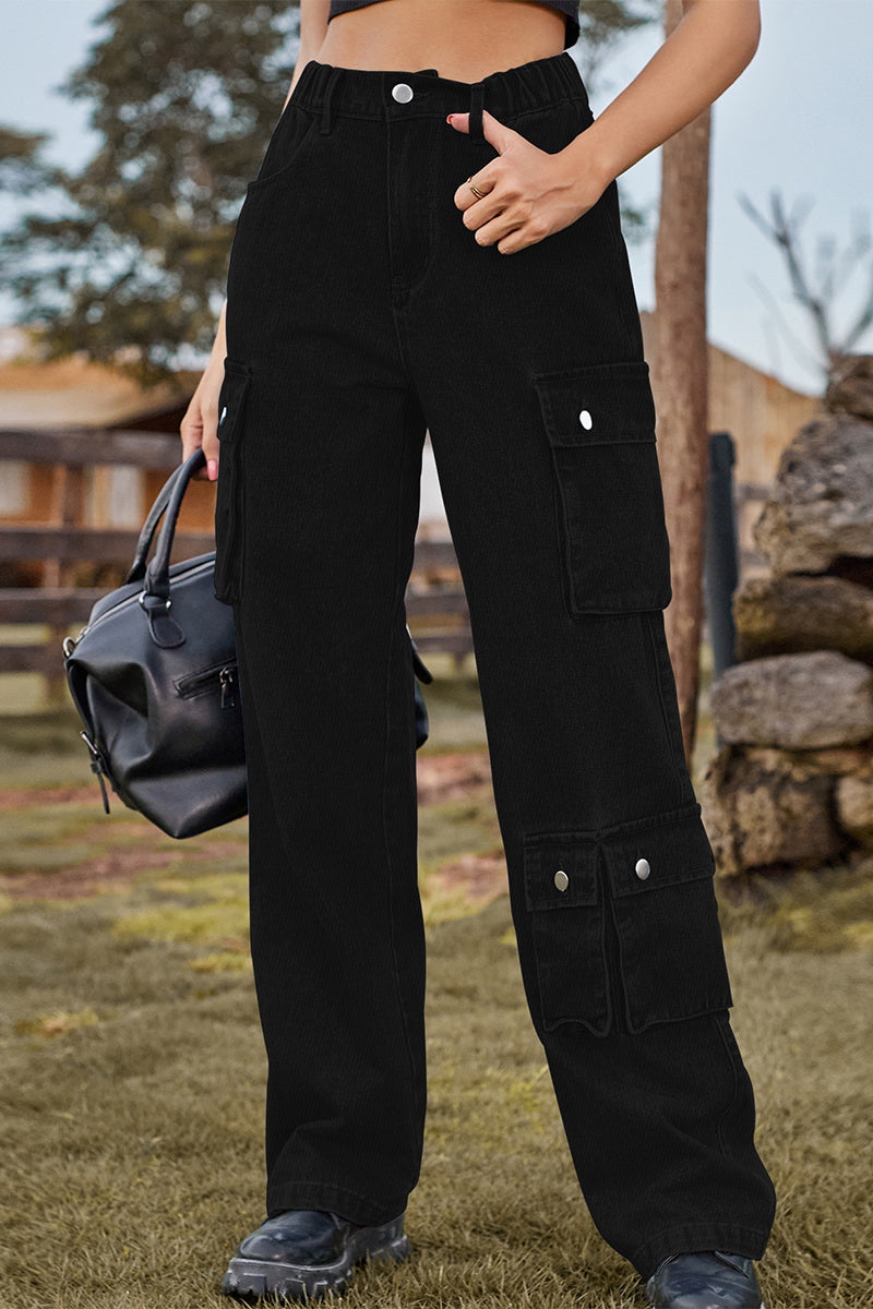 Street Solid Pocket Mid Waist Loose Denim Jeans