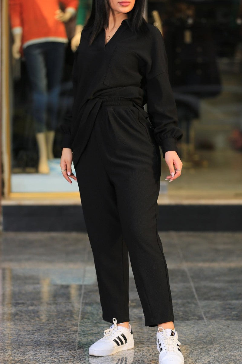 Casual Solid Patchwork Turndown Collar Long Sleeve Two Pieces(5 Colors) - Fashionpara