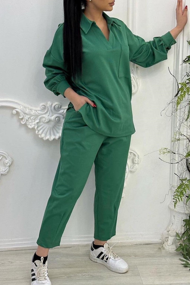Casual Solid Patchwork Turndown Collar Long Sleeve Two Pieces(5 Colors) - Fashionpara