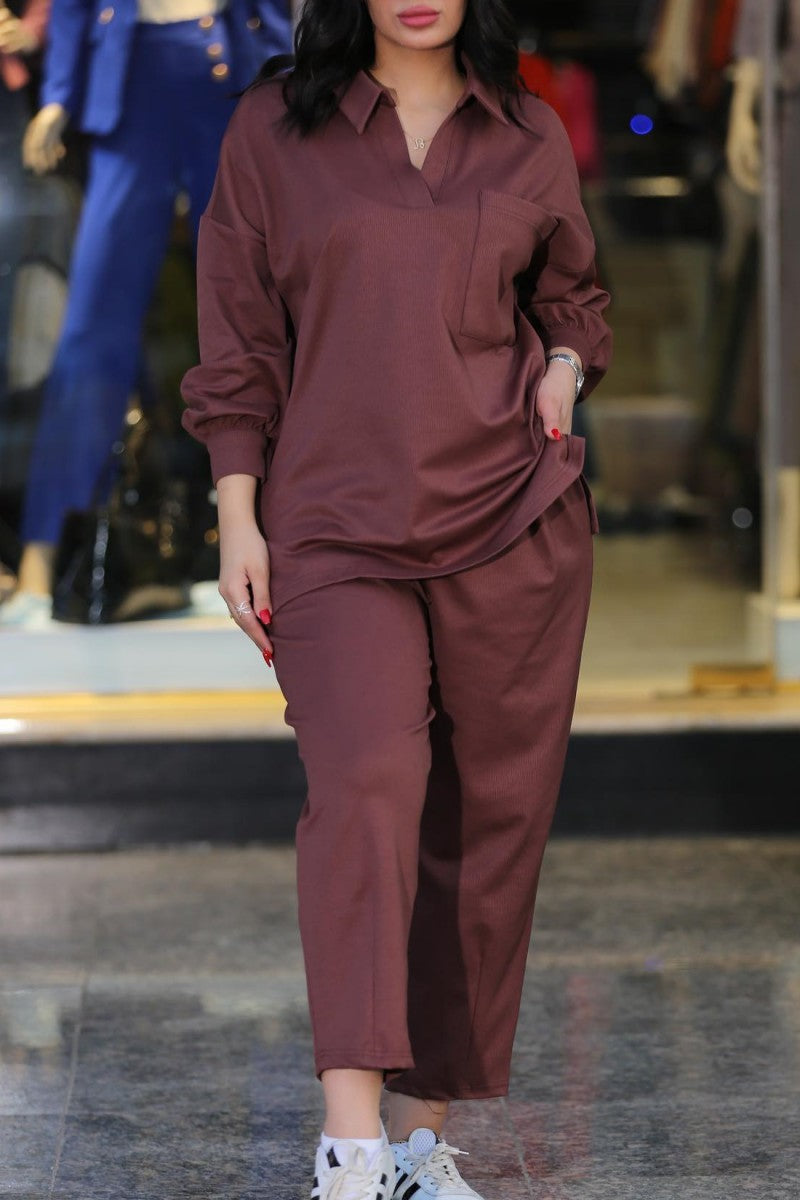 Casual Solid Patchwork Turndown Collar Long Sleeve Two Pieces(5 Colors) - Fashionpara